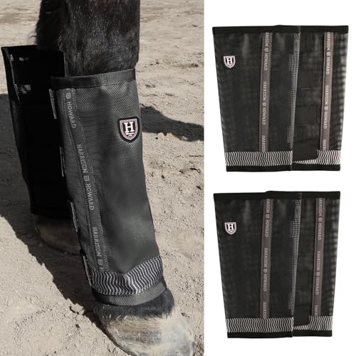 Harrison Howard Loose-Fitting Horse Fly Boots UV-Protective, Breathable Fine Mesh Leggins Stay-on Comfortable Fly Boots with Reflective Strips for Extra Safety (Set of 4) Black Cob (Medium)
