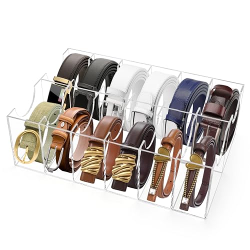 ZENFUN 12 Compartments Belts Storage Box, Acrylic Belt Organizer, Belt Container Storage Holder Clear Belts Display Case for Watch, Hair Accessories, Jewelry, Closet and Drawer