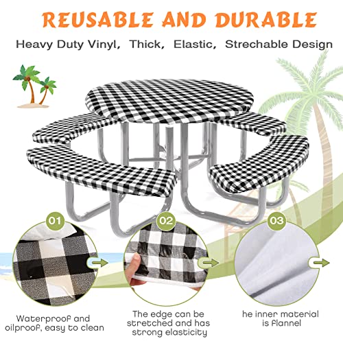 Moukeren Round Picnic Table Cover With Bench Cover Vinyl Fitted Picnic Tablecloth Round Waterproof Wipeable Table Cover With Elastic Edge For Camping Outdoor Patio, Black And White Grid,5 Piece Set #TOP2