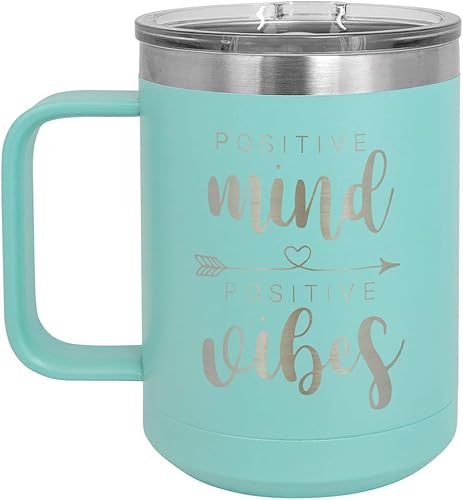 ONLYGIFTS.COM Taza de café con tapa deslizante con vibraciones positivas de mente positiva, de 15 onzas, taza de café de viaje aislada, ideas de
