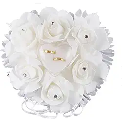 Aliança de casamento decoração de almofada com cetim com coração de cristal e strass, laço de renda flor anel suporte almofada caixa de diamantes pérola fita para festa de cerimônia de casamento na