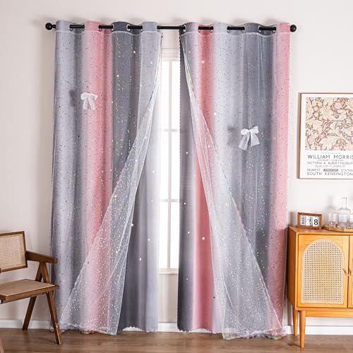 Image of 52x108 Mix & Match Double Layer Laser-Cut Stars Gradient Blackout Curtains with Foil Print Sheer, 2 Panels Set - Gradient Grey Pink