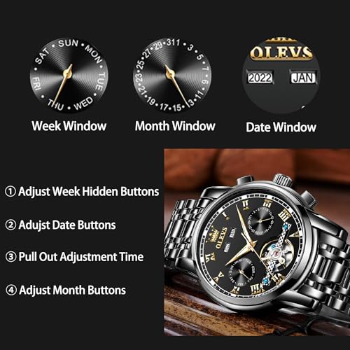 Image of OLEVS Watches for Men Automatic Mechanical, Luxury Waterproof Stainless Steel Wrist Watch, Self Winding No Battery Multi-Function Day Date 5-Hand Calendar, Classic Large Face Casual Business Dress Fashion Gifts for Men
