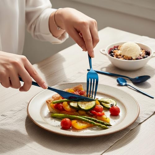 Image of 20 Pcs Blue Slim Handle Stainless Steel Cutlery Set for Dining Table with Spoons and Forks Set + Butterknives - The Perfect Tableware /Flatware