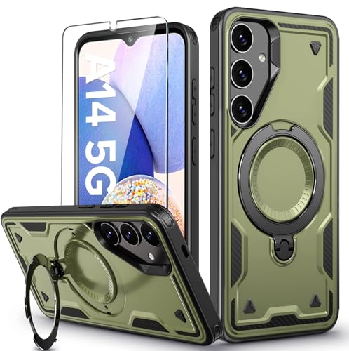 Image of for Samsung Galaxy A14 Case Magnetic with Stand, with Mag-Safe, with Screen Protector, Wireless Charging, Shockproof for Samsung A14 5G Phone Case, Ring Holder Phone Cover, for Samsung A14 Green