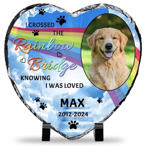 Rainbow Bridge Pet Memorial Gifts for Dog Lovers, Personalized Sympathy Gift for Loss of Dog, Custom Heart Shaped Slate Stone in Loving Memory of Cat, Remembrance Gifts for Pet Lovers, Grave Marker