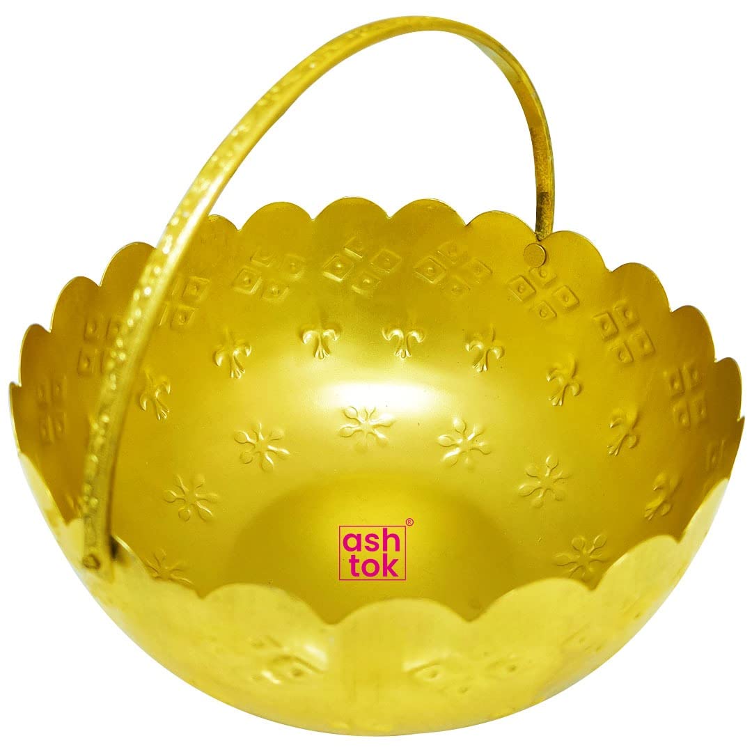 Ashtok Gold Coated Flower Basket, Pooja Basket with Handle 6 Inch