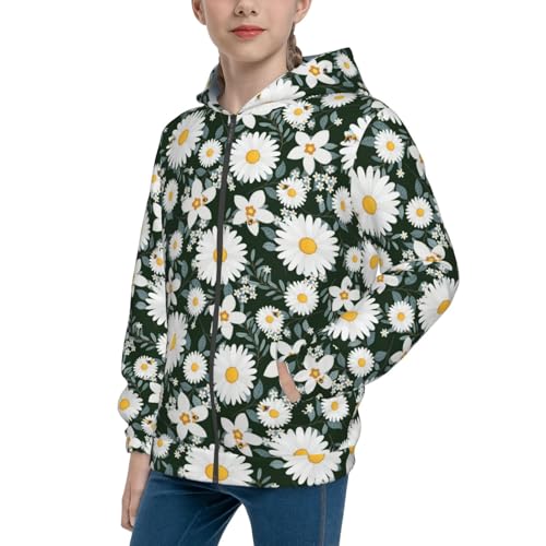 White Daisies and Bee Kid Hoodies Boys Zip Up Sweatshirts Girls Pullover with Pocket