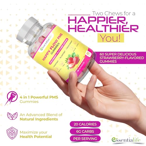 Image of PMS Gummies - Happy Flow PMS Support Supplement for Women - Strawberry PMS Relief Supplement with Vitamin B6 for Hormone Balance, Period Support, Cramps, Hormonal Acne & Bloating Relief (120 Count)