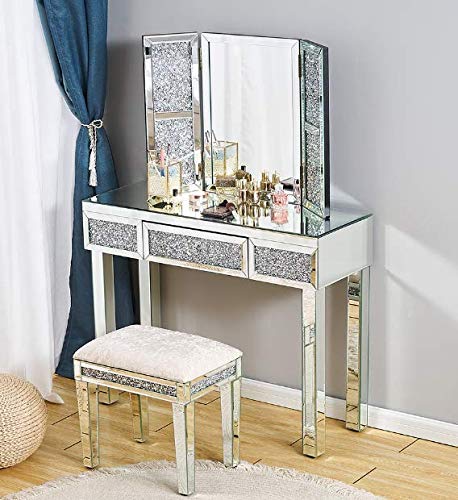 Panana - Conjuntos de Mesa Tocador Cristal 3 Cajones + Espejo Triple Vidrio + Taburete Acolchado para Maquillajes Cosméticos Dormitorio Salón Belleza Moderna Lujosa Moda (Modelo Diamantes Artificial)