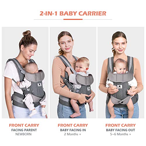 Meinkind Baby Carrier, 2-in-1 Convertible Carrier Ergonomic, Soft Breathable Mesh Comfortable Baby Carrier for 8~33lbs Infant, Front Carrier with Head Support, Padded Shoulder Strap, Dark Grey