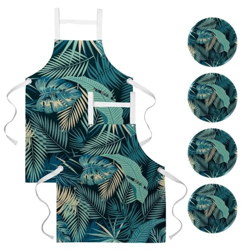 Lot de 2 tabliers de cuisine avec 4 broches et motif tropical feuilles pour restaurant