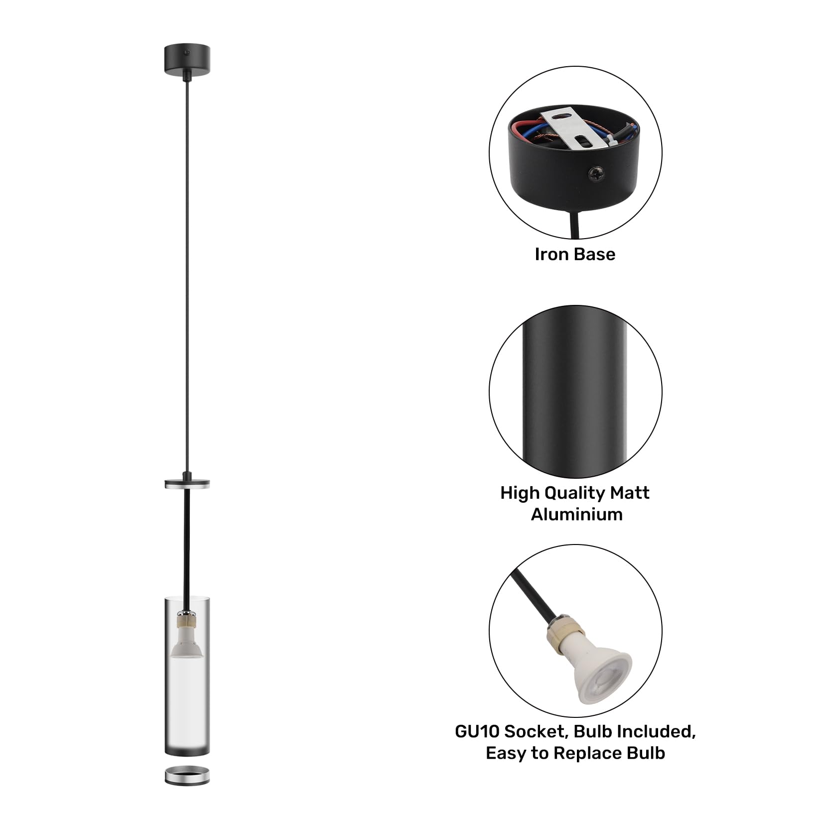 Klighten Lampara Techo Colgante GU10 Cilindro Moderno, Lámpara Colgante Aluminio, Luz Colgante para Salón Dormitorio Cocina Cama, con Bombilla GU10 5W 470LM Blanco Calido 3000K, 30cm, Negro