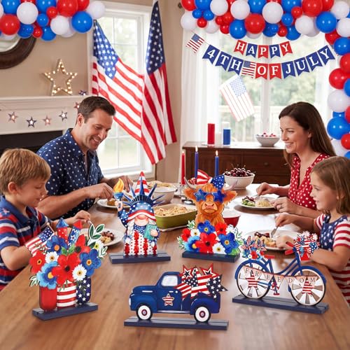 Image of Jetec 5 Pcs Patriotic Table Decorations 4th of July Wooden Table Centerpieces Red White Blue Gnome Wood Sign for 250 Years Anniversary Veterans Memorial Day Independence Day Home Decor (Fashion)