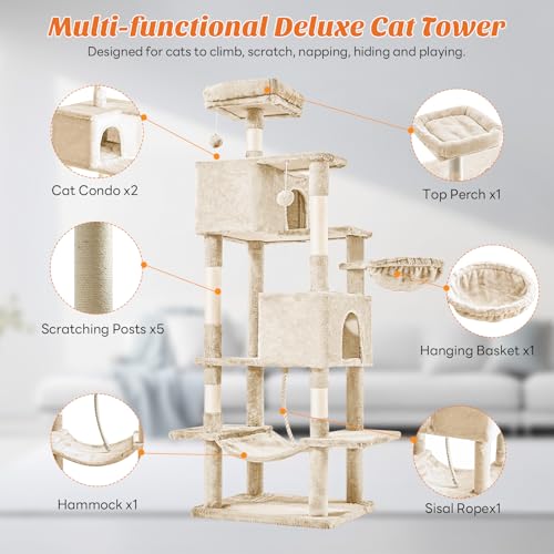Image of Sweetcrispy 66 Inch Cat Tree Tower, Multi Level Cat Climbing Tower with Natural Sisal Scratching Posts, Hammock, Pet Condo for Indoor Cats and Kittens Play, Beige
