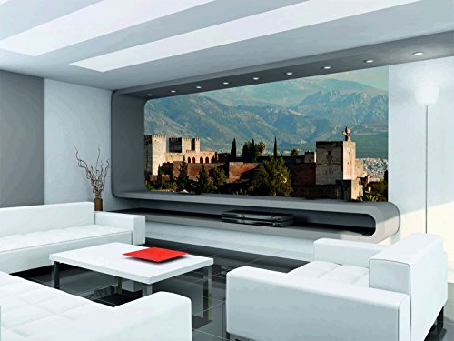 Fotomurales Vinilo pared Vista del Palacio de la Alhambra con montañas cubiertas de nieve de Sierra Nevada 150x100cm | Adhesivo Incluido | Decoracion Habitación, Salon, Oficina, Negocio |