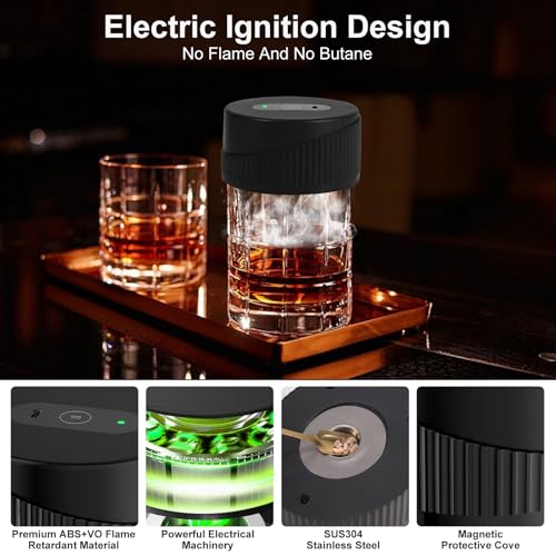 Whiskey Smoker Kit, Electric Cocktail Smoker Kit with 6 Flavors Wood Chips, Rechargeable, No Butane Needed, Birthday Christmas Bourbon Whiskey Gifts for Men,Dad,Husband (Black)