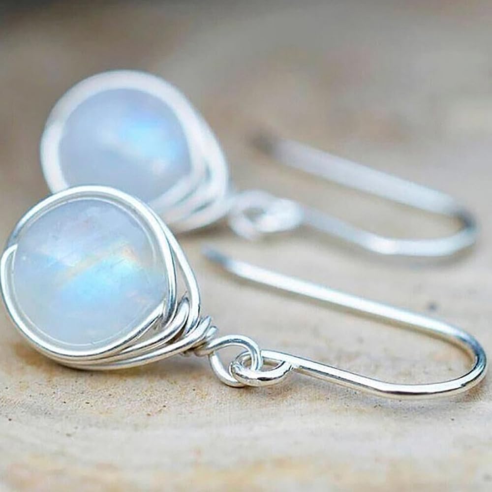 Silver Moonstone Dangle Earrings for Women,Bohemia Delicate Natural Stone Hook Earrings,Minimalist Moonstone Earrings Wedding Charm Jewelry Gift - Image 3