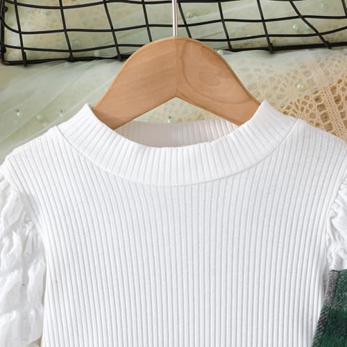 Image of Toddler Girls Christmas Outfits Girls Puff Sleeve Knit Ribbed Tops Button Down Vest Plaid Skirt Set Winter Clothes