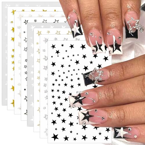 8Pcs Star Nail Stickers for Nail Art, 4 Color Star Nail Decals 3D Glitter Shiny Gold Silver White Black Stars Nail Designs Foil Transfer Sticker Pentagram Tip Slider DIY Manicure Decor Supplies