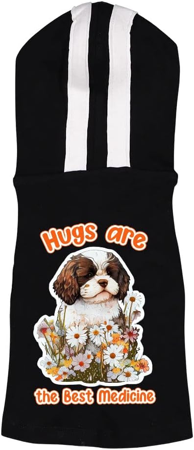 Hugs are The Best Medicine Dog Shirt with Hoodie - Flower Dog Hoodie - Cool Design Dog Clothing - Black White, XL