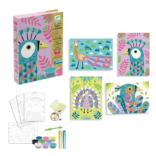 DJECO Kit Créatif Sable Pailleté - 6-10 ans - 4 Tableaux d'Oiseaux Scintillants - Développe les Compétences Artistiques - 4 Cartes Illustrées et...