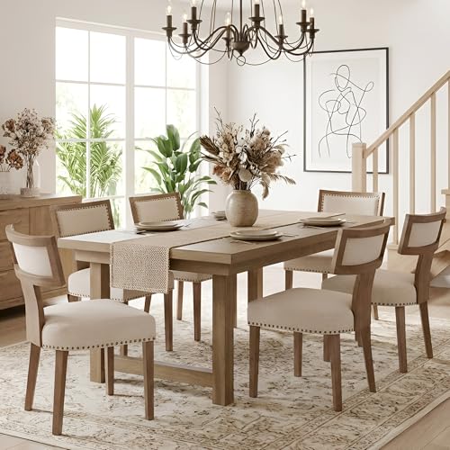 Image of HNY Mid Century Modern Dining Chairs Set of 6, Farmhouse Linen Fabric Upholstered Accent Chairs Curved Nailhead Trim Backrest Kitchen Chairs, with Hardwood Frame, Beige