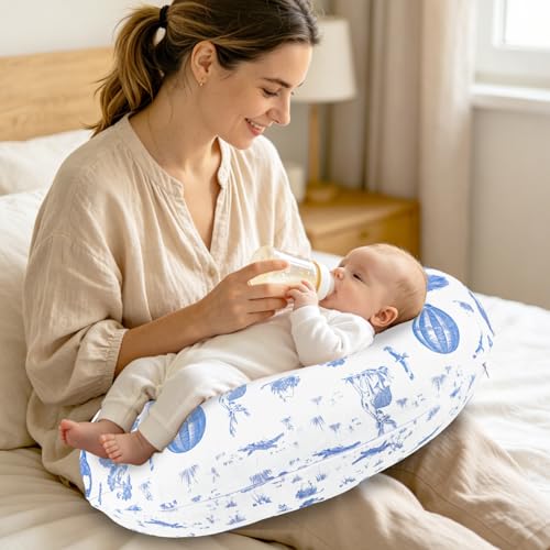 Image of TANOFAR Nursing Pillow Cover, Stretchy Removable Breastfeeding Pillow Cover, Ultra Soft Snug Fits On Newborn Feeding Pillow Case for Baby Girls, Blue Elephant