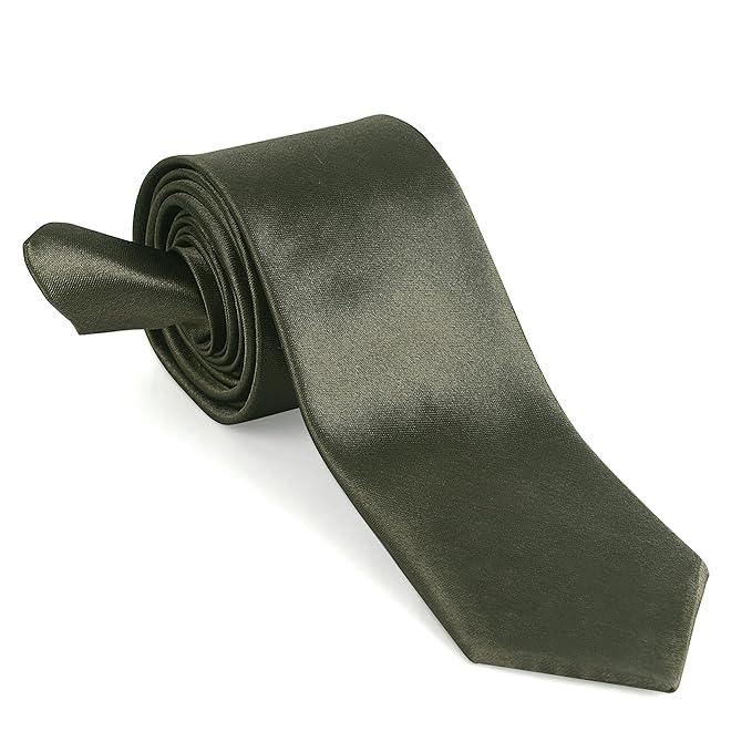 "Austora Men's/Boy's Thin Military Green color Silk Satin Necktie – Formal Solid Color Tie" (Military Green)-picture-37