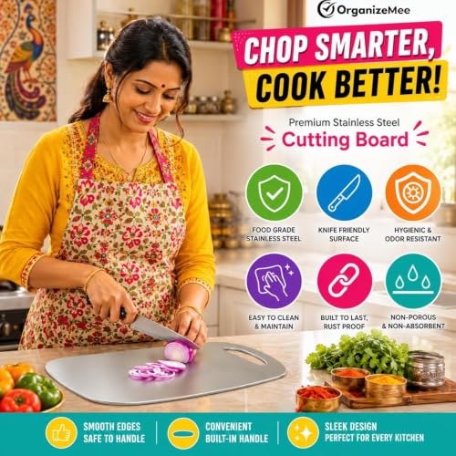 Image of Organizemee Steel Chopping Board Medium 31.8x21cm, Stainless Steel Cutting Board for Kitchen Use, Everyday Rust-Proof Chopping Board with Non-Skid Silicon Corner Pads for Vegetables and Fruit
