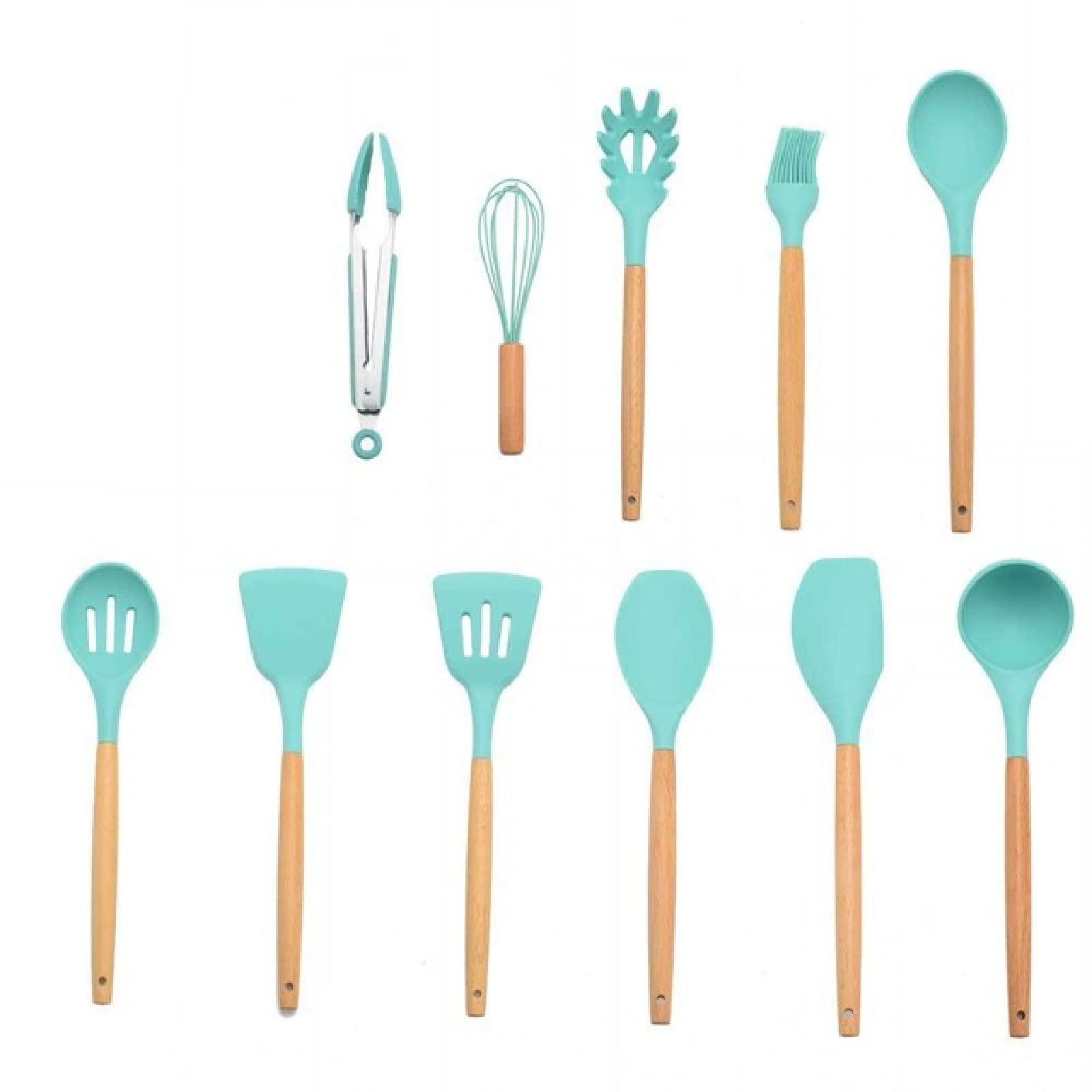 Juego de utensilios de cocina de silicona, juego de utensilios de cocina, espátula, cuchara de sopa, verde menta, 11 unidades