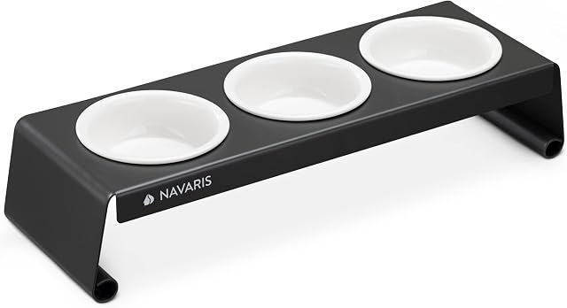 Navaris 3 x miska na karmę z ceramiki z metalowym stojakiem  miska dla kota dla psa 3 sztuki w zestawie  podwyższona miska na karmę dla kota i psa  miska w kolorze białym stojak w kolorze ciemnoszarym