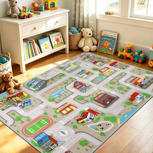 Capslpad Tan Car Road Kid Rug Carpet Playmat for Playoom Traffic Road Kids Play Mat for Toddler Non Slip Washable City Map Race Track Carpet Rug for Kids Room Bedroom Nursery Room Decor,5.2'x3.3'