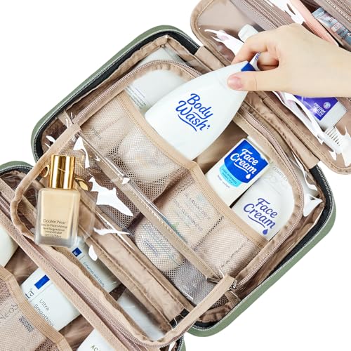 Image of NISHEL Travel Toiletry Bag for women, Portable Hanging Organizer for Travel-Sized Shampoo, Conditioner, Brushes Set, Makeup Accessories, Medium Size, Purple, Bronze Green