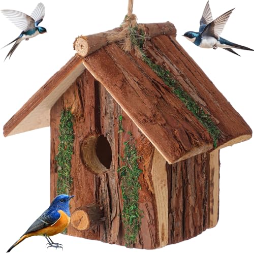 DoubleFill 1 Pcs Birdhouses for Outside Wooden Bird House with Moss Accent Hanging Design Birdhouse Natural Bark Finish Warm and Waterproof Rustic Bluebird House Cardinal Wren Hummingbird Garden