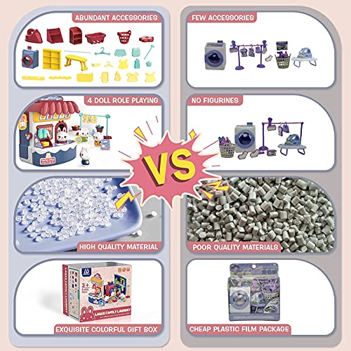 Lucky Doug Pretend Play Doll Playset Toys for Girls Kids Toddlers Age 3 4 5 6 7, 57 PCS Pretend Play Washer Laundry Set Toys with Mini Washing Machine, Kawaii Stuff 4 Dolls Role-playing Gift for Girls - Thumbnail 4
