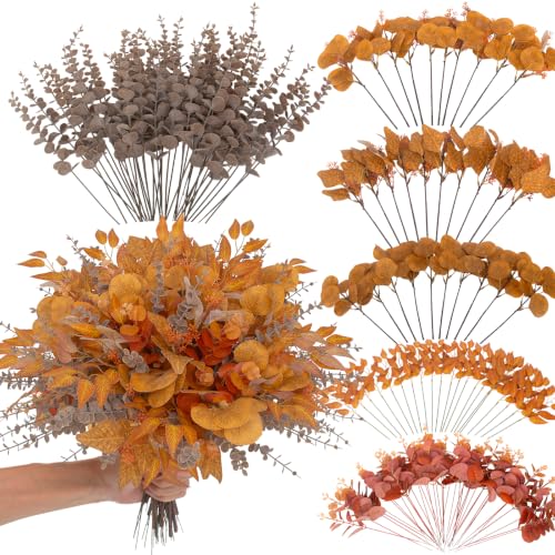 130 Pcs Fall Mixed Greenery Artificial Eucalyptus Stems Bulk 6 Kinds of Fake Eucalyptus Leaves Autumn Faux Floral Arrangement for Wedding Bouquet Farmhouse Home Thanksgiving Decor (130 Orange)