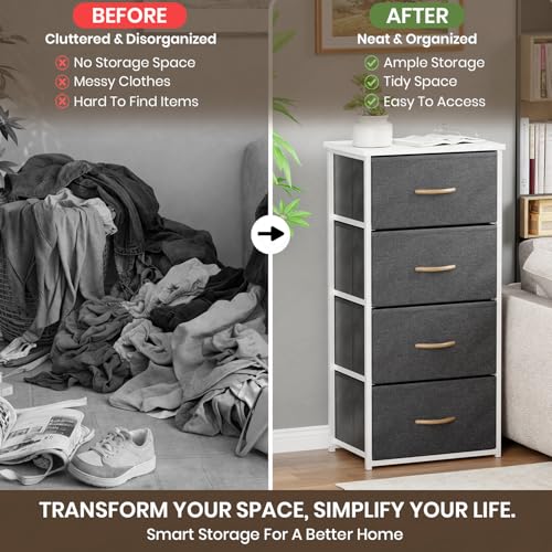 Image of Lukzer Fabric Chest of 4 Drawers Closet Drawer Organizer for Wardrobe | Fabric Drawer Storage for Closet Living Room /Bedroom Metal Storage Bookshelf Organizer (MMR-002 /White & White) - 45x30x93cm