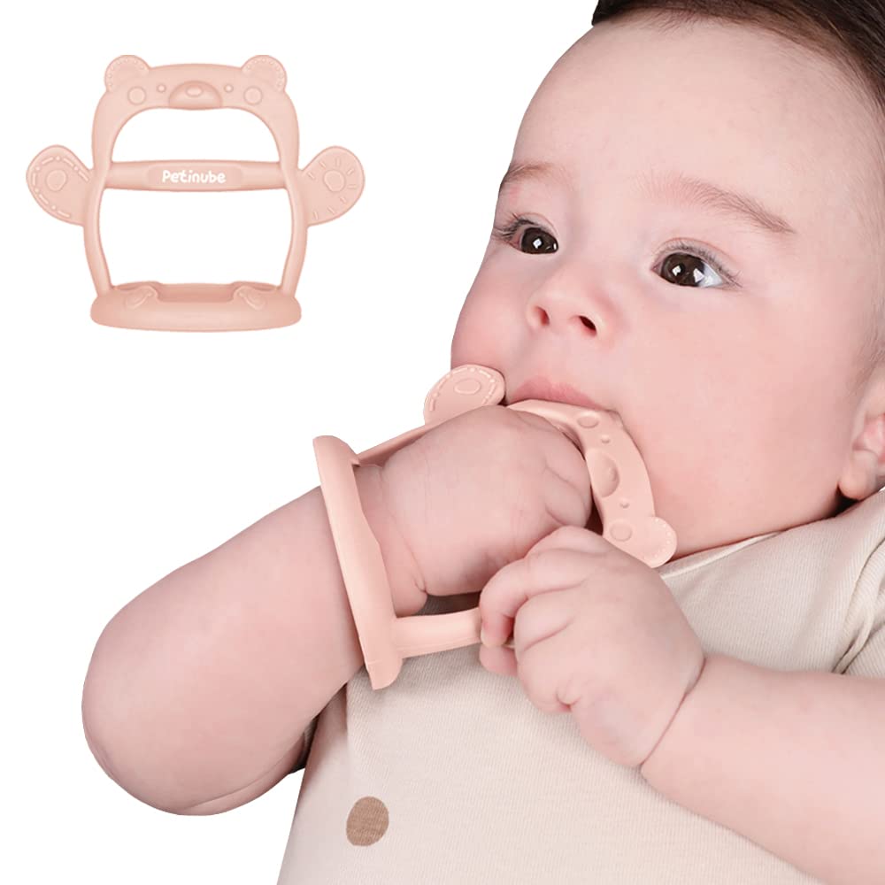 PETINUBE Baby Wrist Silicone Teether Soothing Pacifier for Infants 3+ Months Babies Made in Korea Anti-Dropping (Bear-Pale Peach Pack of 1)