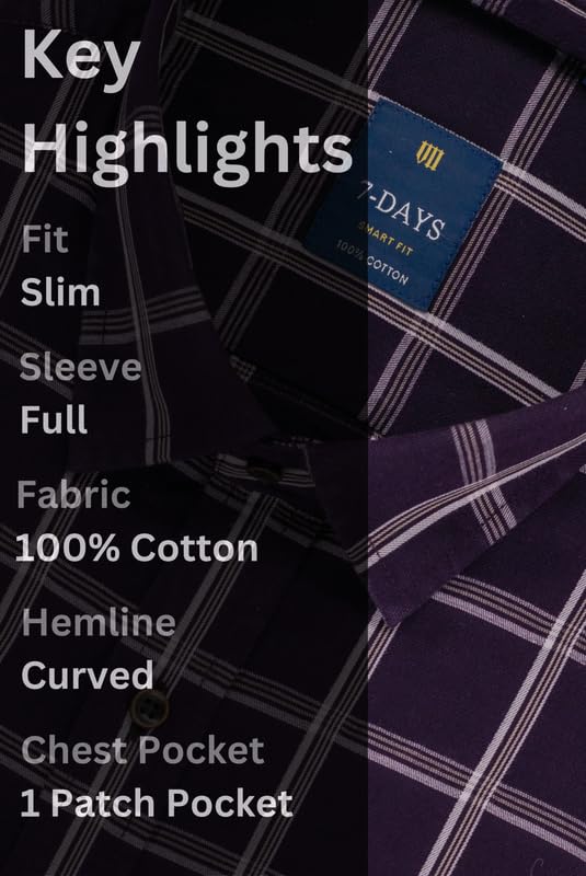 Image of 7-DAYS Men's Premium Check Shirt - 100% Cotton, Tailored Fit (Between Slim & Regular), Full Sleeve, with Pocket - Smart Office & Casual Look