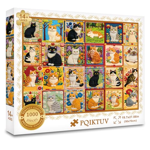 Rompecabezas para adultos de 1000 piezas, collage bordado de gatos adorables, 27.56 x 19.7 pulgadas miniatura 3