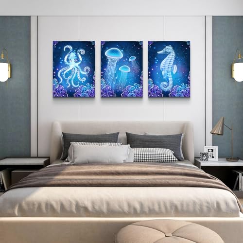 DZRWUBHS Wall Art Paintings For Bedroom Living Room Wall Decor Blue Ocean Life Theme Art Prints Wall Artworks Sea Animal Sea Horse Octopus Jellyfish Pictures Bathroom Home Decor Posters 3 Panels