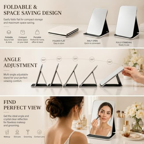 Image of Premium PU Leather Travel Makeup Mirror,Foldable HD Frameless Cosmetic Mirror with Adjustable Stand,Portable Vanity Mirror for Purse,Makeup Touch Up, Stylish Crocodile Pattern 16x11 cm(White)