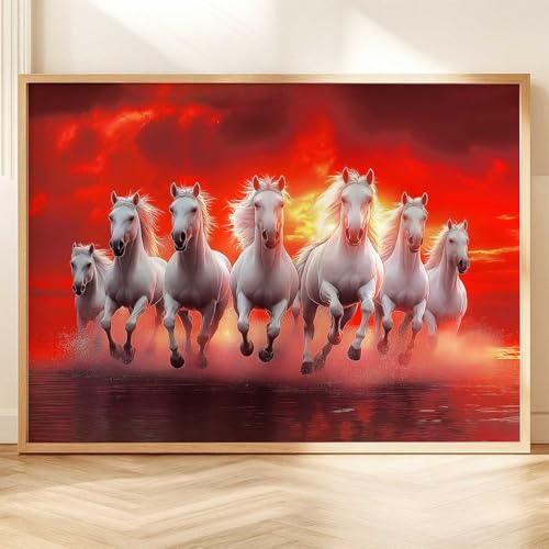 Image of HOTHOUSE 7 Horses Vastu Frame Wall Art Painting for Living Room Bedroom Office Home Decor | Seven Running Vastu Lucky Horse Rising Sun Painting Wall Decor Size (19X25 inch)