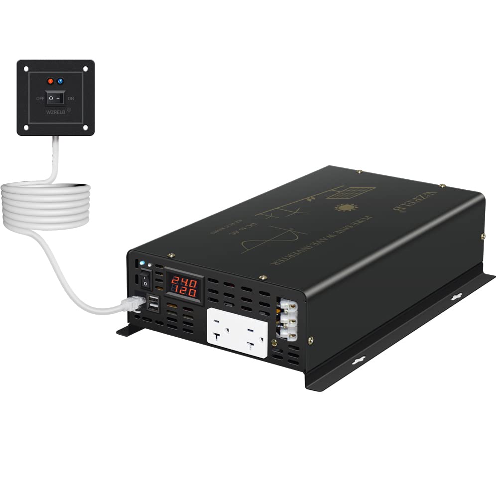 WZRELB Falownik mocy czystej fali sinusoidalnej 3000 W 24 V DC do 120 V AC 6000 W szczytowe podwójne gniazda AC 2 x port USB 2,4 A i zacisk z twardym przewodem z pilotem zdalnego konwertera solarnego