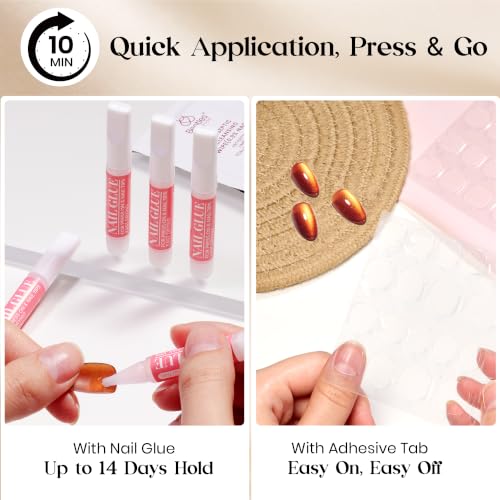 Image of Beetles Brown Cat Eye Press On Nails Short Almond, 32PCS, Polka Dot Design | 16 Sizes, Glue and Adhesive Tabs Included, Fall Maple-Brown Cat Eye Glow, Ready to Press and Go, All-in-One Complete Kit
