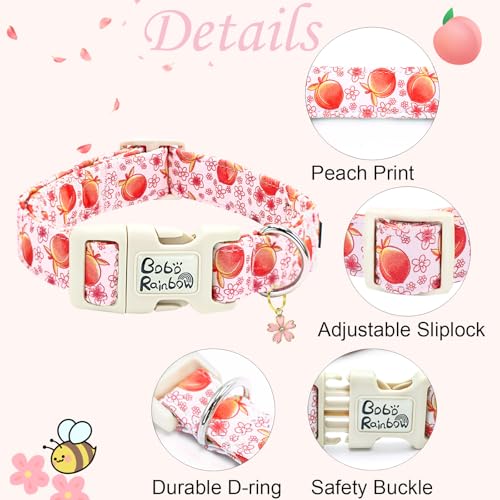 Image of Pink Peach Print Dog Collar with Bow for Large Dogs | Daily Walks,Garden Photoshoots,Spring Picnic,Adjustable,Cotton,Removable Bowtie,Heavy Duty Metal Buckle,Female Dog