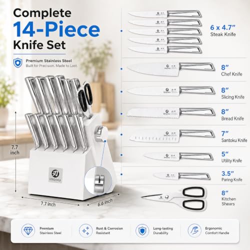 Image of imarku 14-Piece Knife Set with Block, Pro power, home ease | Pro sharp high carbon steel. Self-sharpens easy. Ergo grip no fatigue. Safe non-slip home prep. Gift for homewarming