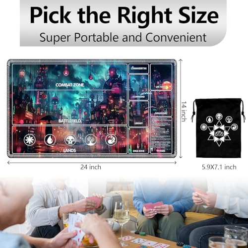 Image of for MTG Playmat with Card Storage Bag,Non-Slip Rubber Base & Smooth Surface 24x14in,Beginner-Friendly Magic Mat for Commander Deck,Cyberpunk Neon City