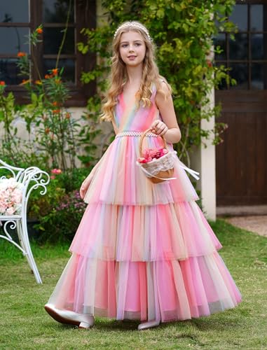 IDOPIP Flower Girls Tulle V-Neck Bowknot Dress for Kids Long A Line Wedding Pageant Dresses Princess Birthday Party Ball Gown3